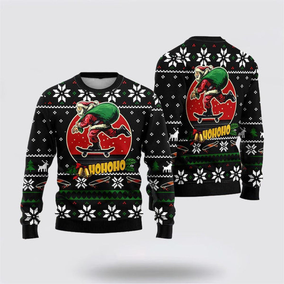 FUNSTUFFPRINT Santa Claus Skateboard Ugly Christmas Sweater For Men And Women, Best Gift For Christmas, The Beautiful Winter Christmas Outfit Ugly Sweater