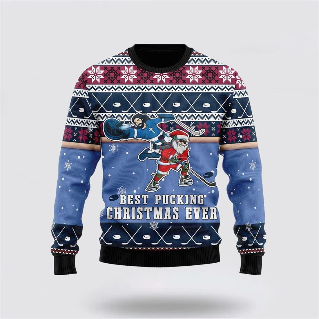 FUNSTUFFPRINT Santa Claus Sweater, Best Pucking Christmas Ever Jesus And Santa Claus Ugly Christmas Sweater, Santa Claus Outfit History Ugly  Sweater