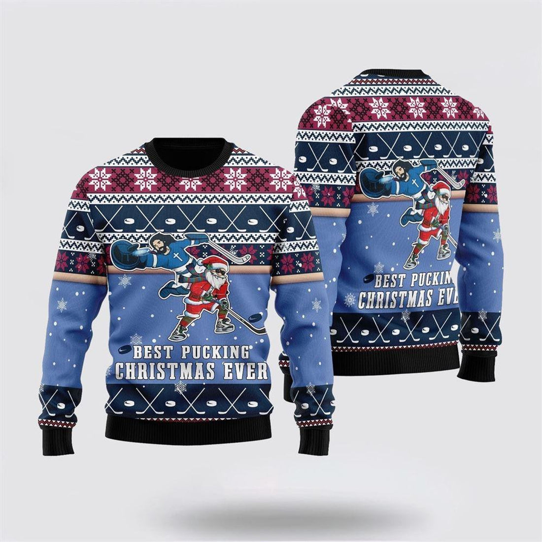 FUNSTUFFPRINT Santa Claus Sweater, Best Pucking Christmas Ever Jesus And Santa Claus Ugly Christmas Sweater, Santa Claus Outfit History Ugly  Sweater