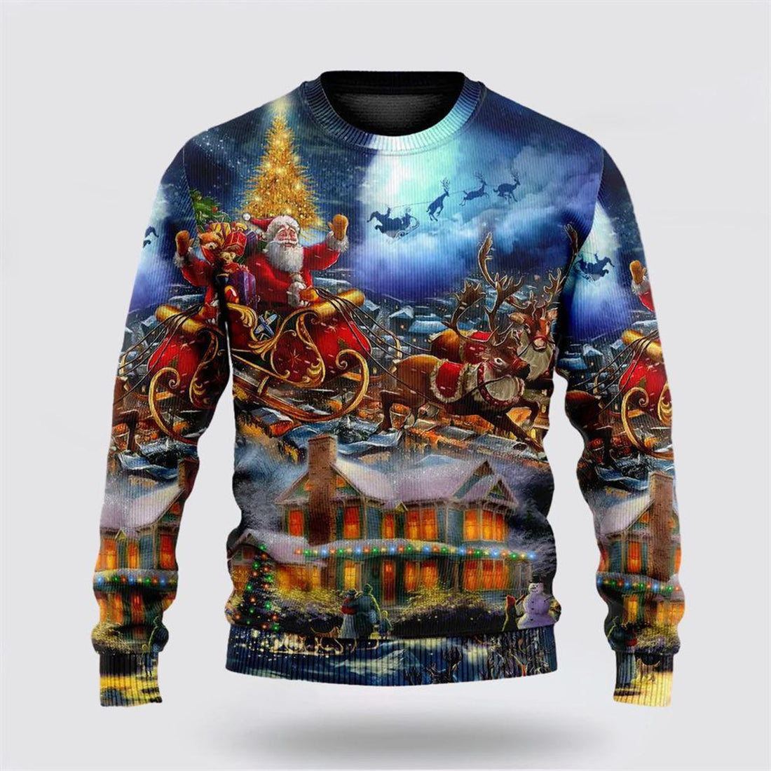 FUNSTUFFPRINT Santa Claus Sweater, Christmas Santa Claus Snowman Family In Love Light Art Style Ugly Christmas Sweater, Santa Claus Outfit History Ugly  Sweater