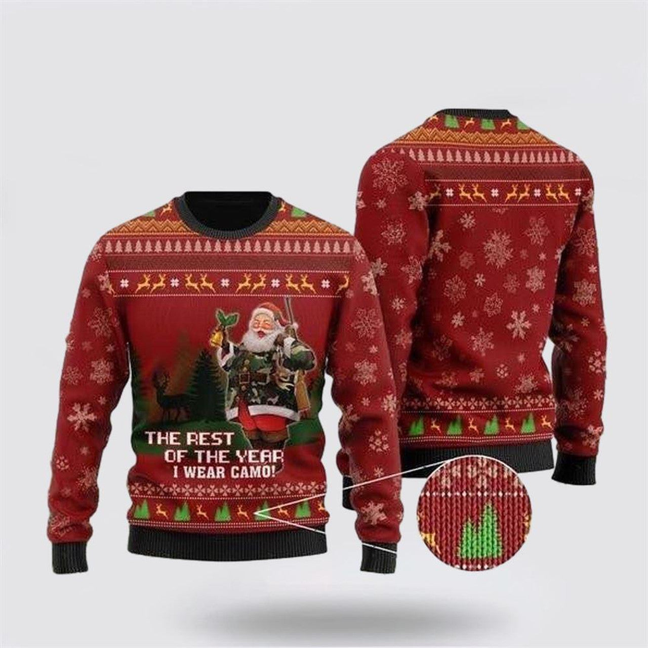 FUNSTUFFPRINT Santa Claus Sweater, Deer Hunter And Santa Claus The Rest Of The Year I Wear Camo Ugly Christmas Sweater, Santa Claus Outfit History Ugly  Sweater