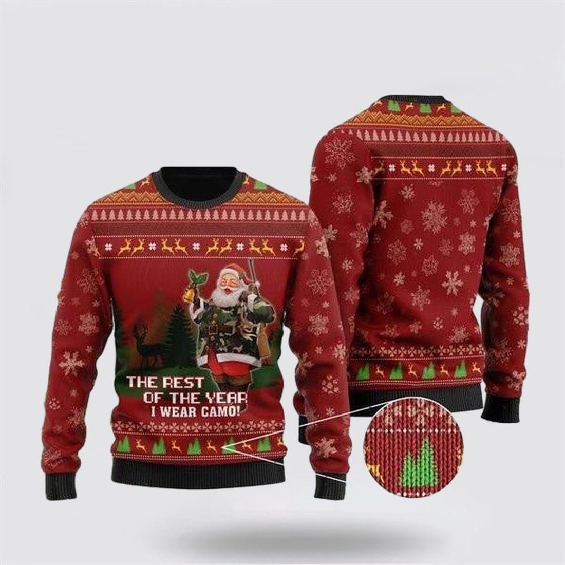 FUNSTUFFPRINT Santa Claus Sweater, Deer Hunter And Santa Claus The Rest Of The Year I Wear Camo Ugly Christmas Sweater, Santa Claus Outfit History Ugly  Sweater