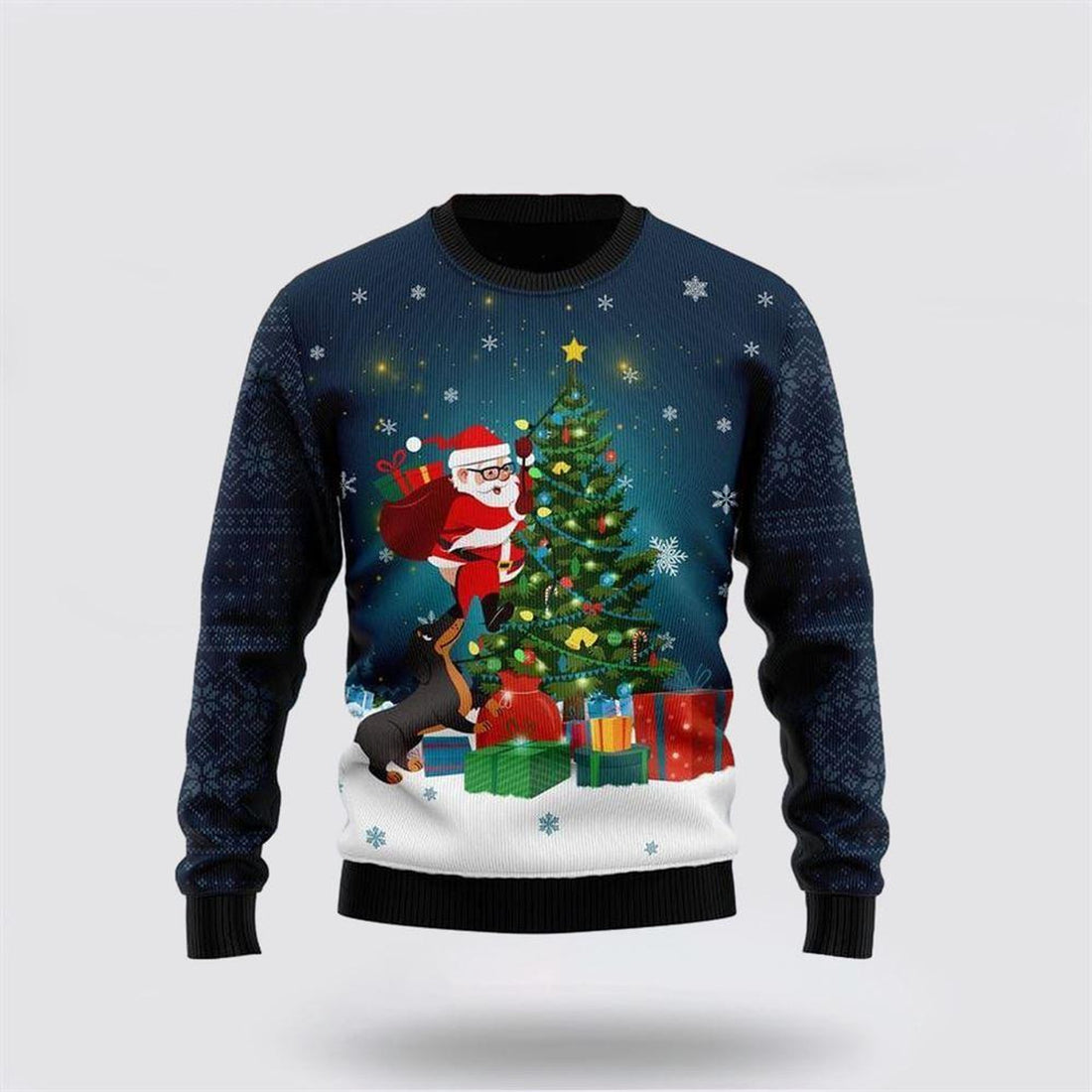 FUNSTUFFPRINT Santa Claus Sweater, Dog Biting A Santa Claus Ugly Christmas Sweater, Santa Claus Outfit History Ugly  Sweater