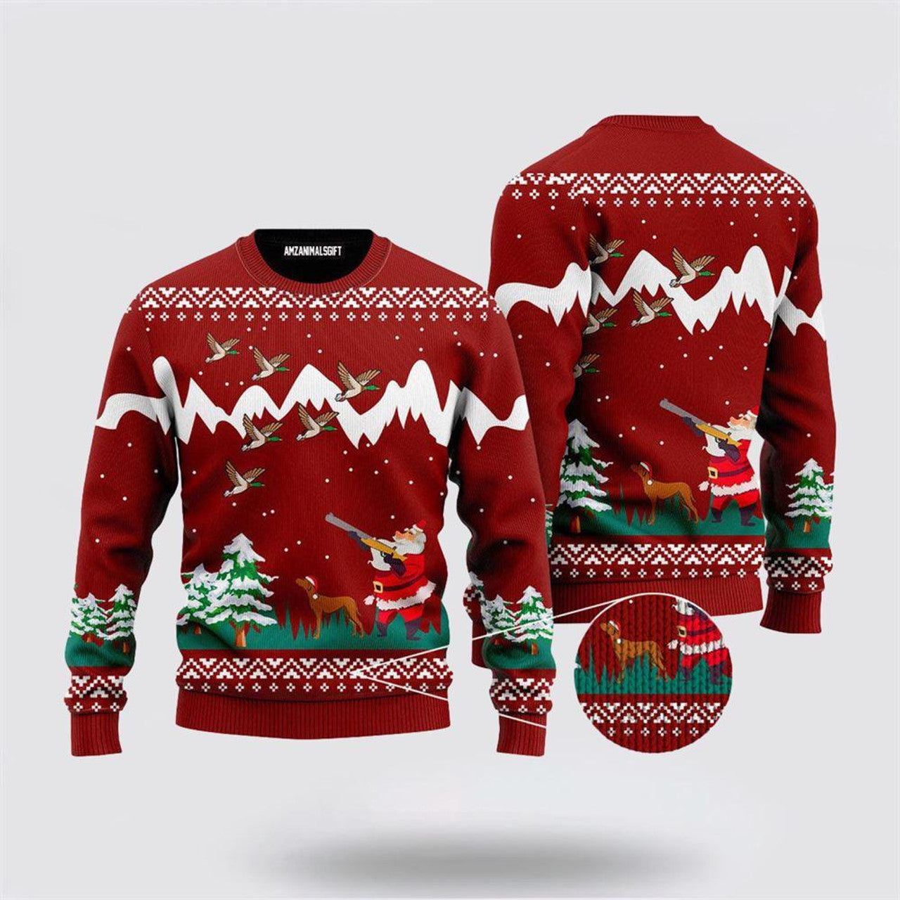 FUNSTUFFPRINT Santa Claus Sweater, Duck Hunting Cute Santa Claus Duck Hunting Christmas Ugly Sweater, Santa Claus Outfit History Ugly Sweater