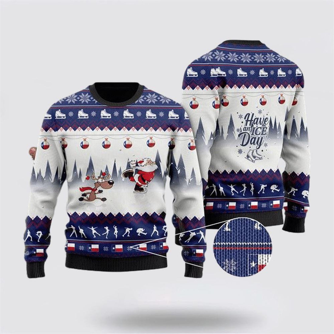 FUNSTUFFPRINT Santa Claus Sweater, Have An Ice Day Santa Claus And Reindeer Speed Skating Ugly Christmas Sweater, Santa Claus Outfit History Ugly  Sweater