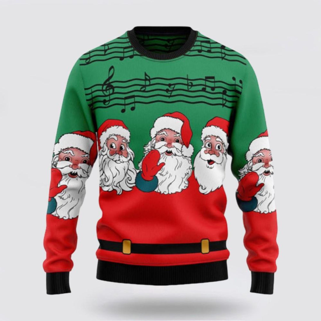 FUNSTUFFPRINT Santa Claus Sweater, Santa Claus And Music Notes Ugly Sweater, Funny Santa Sweaters, Santa Claus Outfit History Ugly Sweater