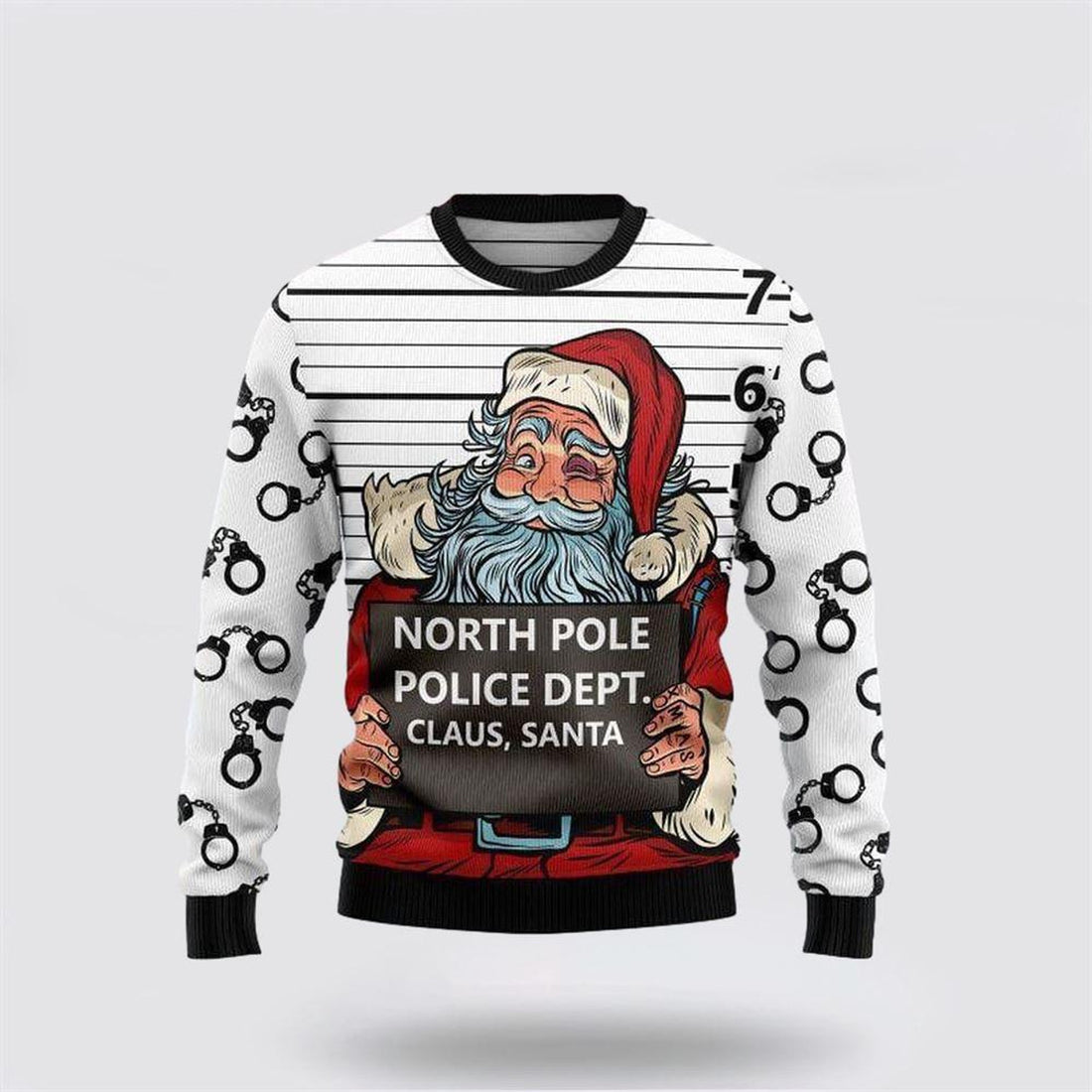 FUNSTUFFPRINT Santa Claus Sweater, Santa Claus Arrested By North Pole Police Ugly Christmas Sweater, Santa Claus Outfit History Ugly  Sweater