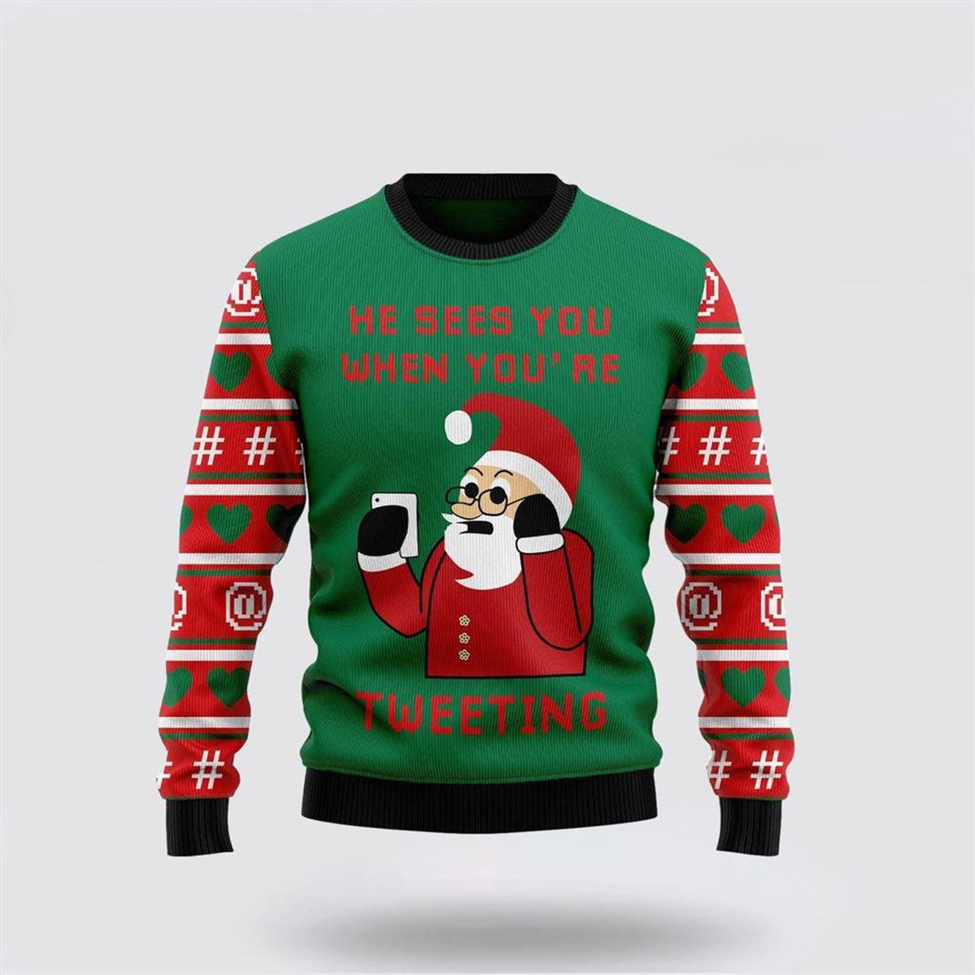FUNSTUFFPRINT Santa Claus Sweater, Santa Claus He Sees You When Youre Tweeting Ugly Christmas Sweater, Santa Claus Outfit History Ugly  Sweater