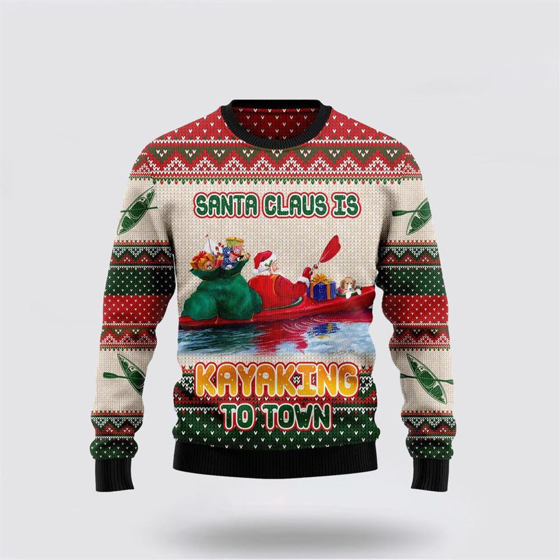 FUNSTUFFPRINT Santa Claus Sweater, Santa Claus Is Kayaking To Town Ugly Christmas Sweater, Santa Claus Outfit History Ugly  Sweater