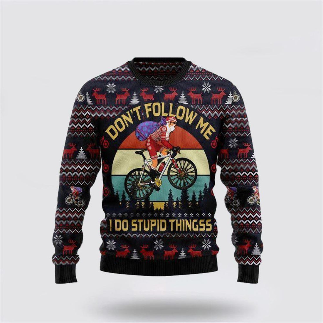 FUNSTUFFPRINT Santa Claus Sweater, Santa Claus On Mountain Bike Ugly Christmas Sweater, Santa Claus Outfit History Ugly  Sweater