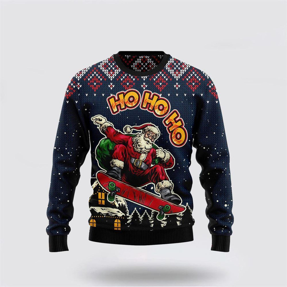 FUNSTUFFPRINT Santa Claus Sweater, Skater Santa Claus Ho Ho Ho Ugly Christmas Sweater, Santa Claus Outfit History Ugly  Sweater