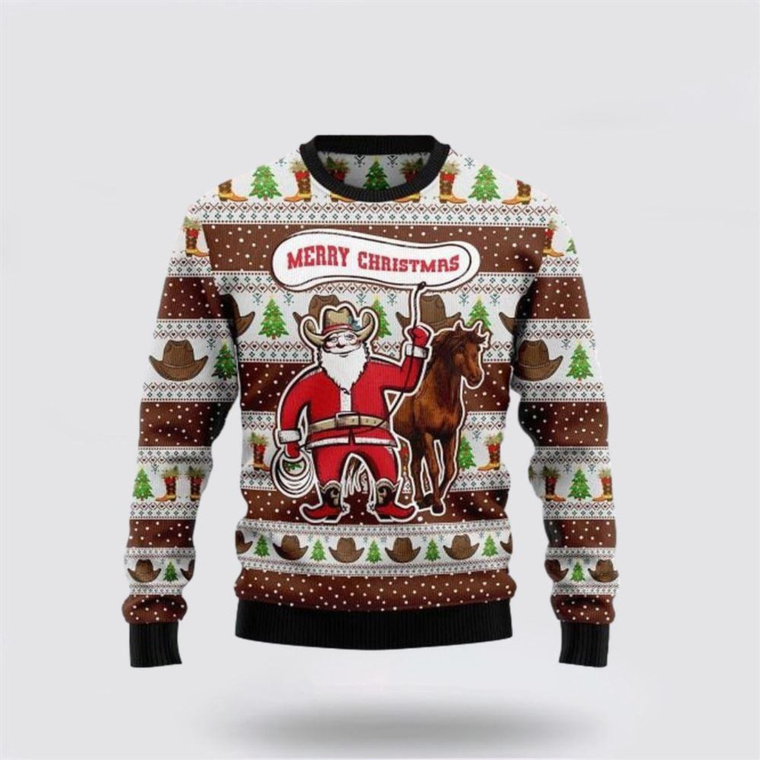 FUNSTUFFPRINT Santa Claus Sweater, Ugly Cowboy Santa Claus And Horse Merry Christmas Sweater, Santa Claus Outfit History Ugly  Sweater