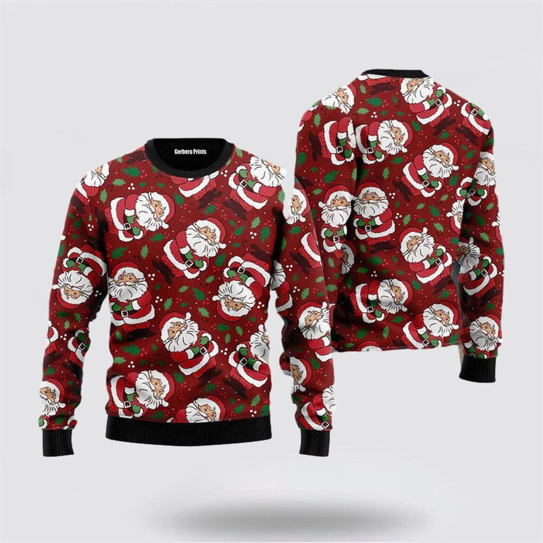 FUNSTUFFPRINT Santa Claus Sweater, Vintage Santa Claus Ditsy Holly Pattern Ugly Christmas Sweater, Santa Claus Outfit History Ugly  Sweater