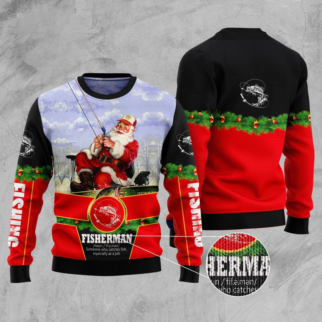 FUNSTUFFPRINT Santa Fisherman Ugly Christmas Sweater, Christmas Sweater, Ugly Sweater, Funny Xmas Sweaters Ugly Sweater