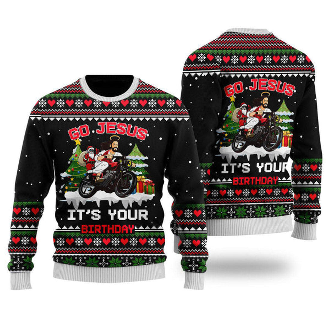 FUNSTUFFPRINT Santa Jesus Ride Motobike Ugly Christmas Sweater For Men & Women - Jesus Christ Sweater - God Gifts Idea Ugly Sweater