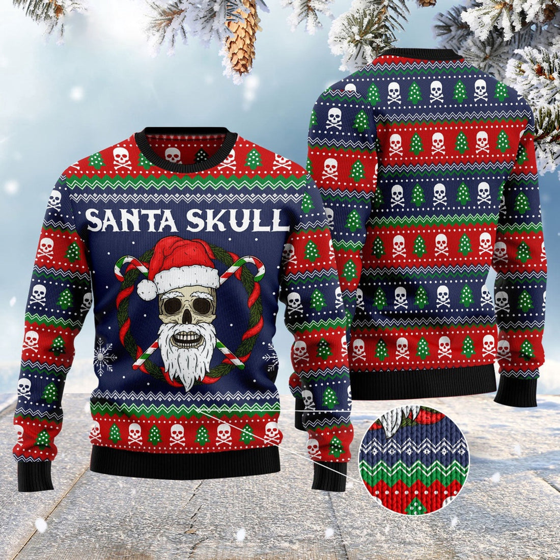 FUNSTUFFPRINT Santa Skull Funny Ugly Christmas Sweater, Christmas Sweater, Ugly Sweater, Funny Xmas Sweaters Ugly Sweater