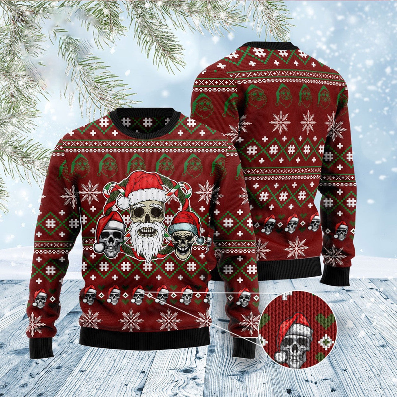 FUNSTUFFPRINT Santa Skull Ugly Christmas Sweater, Christmas Sweater, Ugly Sweater, Funny Xmas Sweaters Ugly Sweater