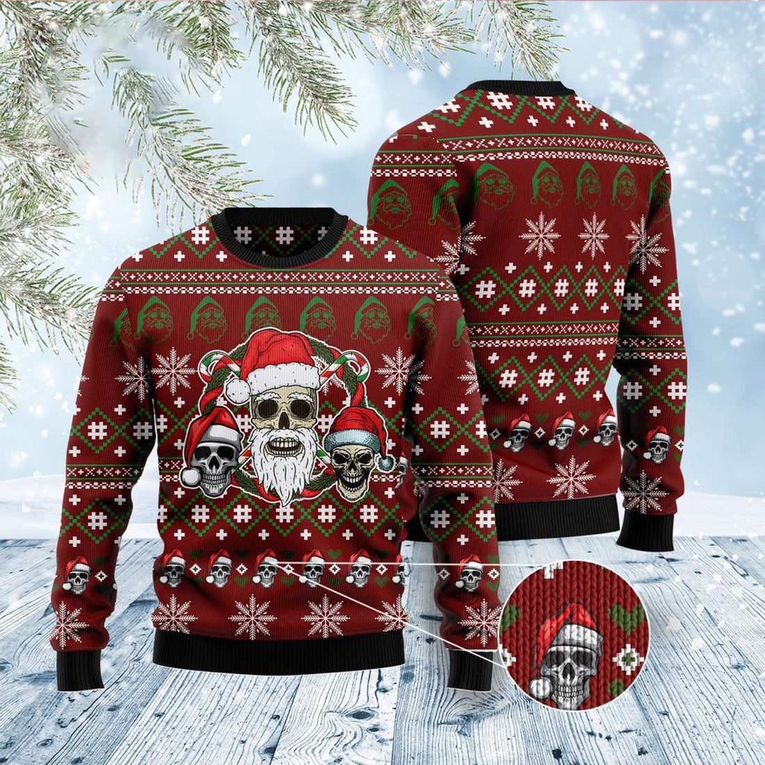FUNSTUFFPRINT Santa Skull Ugly Christmas Sweater, Christmas Sweater, Ugly Sweater, Funny Xmas Sweaters Ugly Sweater