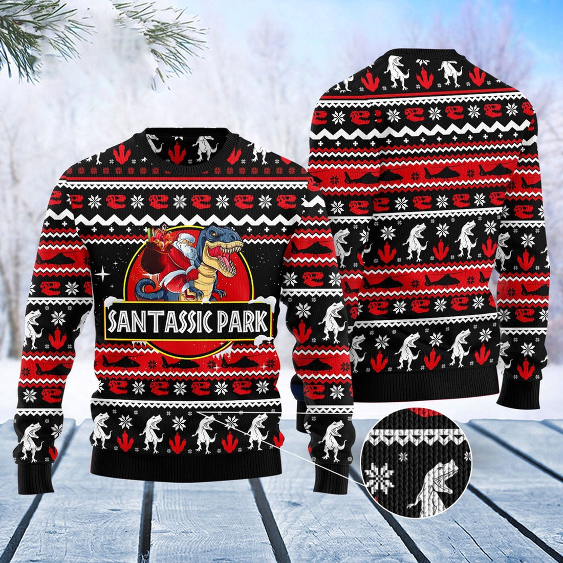 FUNSTUFFPRINT Santassic Park Ugly Christmas Sweater, Christmas Sweater, Ugly Sweater, Funny Xmas Sweaters Ugly Sweater