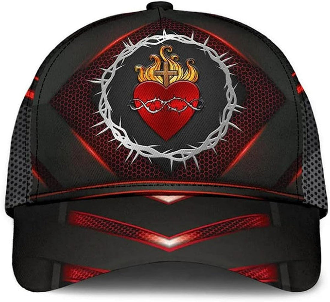FUNSTUFFPRINT Sarced Heart Of Jesus Crown Of Thorns All Over Print Baseball Cap - Christian Hats For Men Women