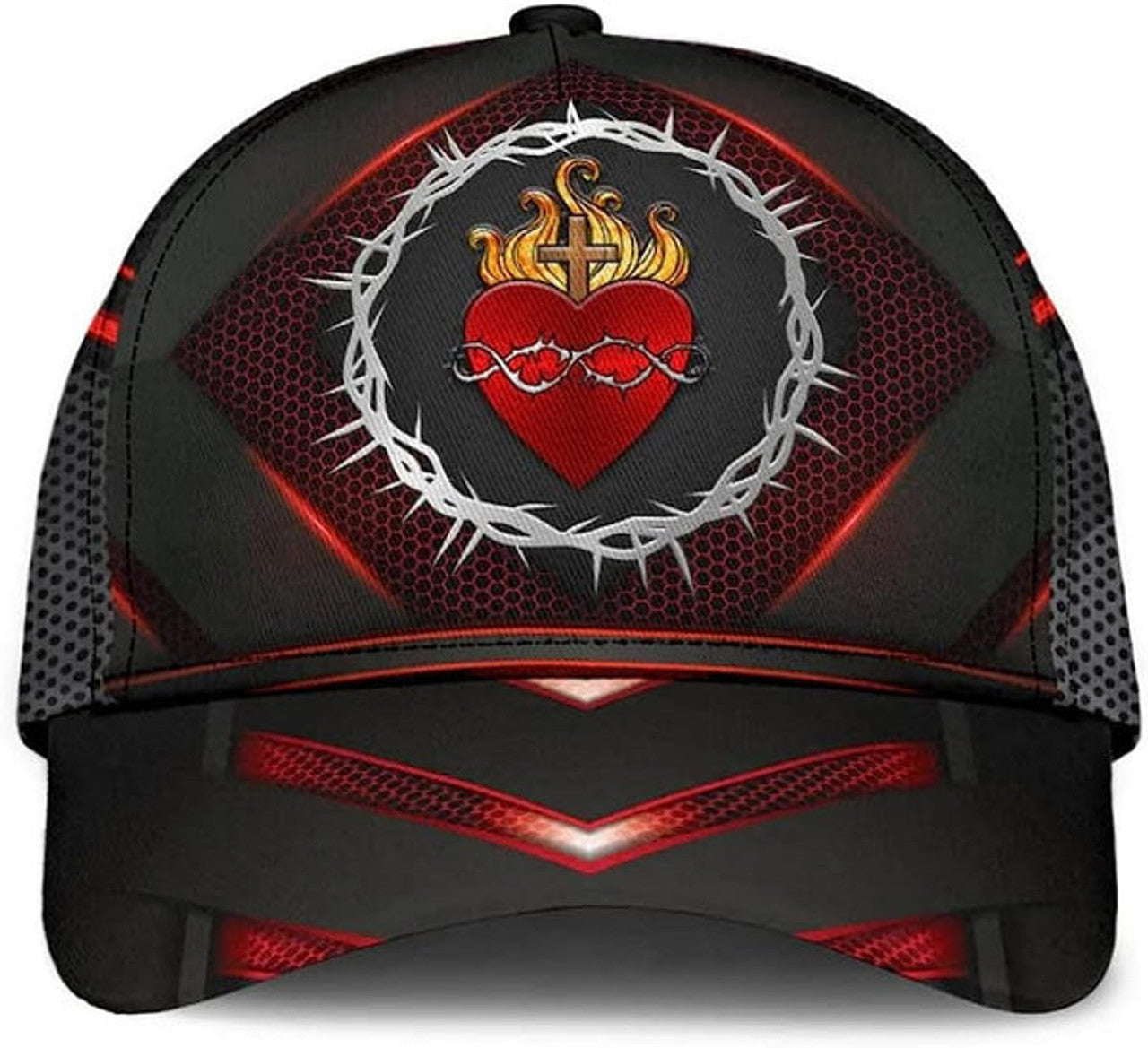FUNSTUFFPRINT Sarced Heart Of Jesus Crown Of Thorns All Over Print Baseball Cap - Christian Hats For Men Women