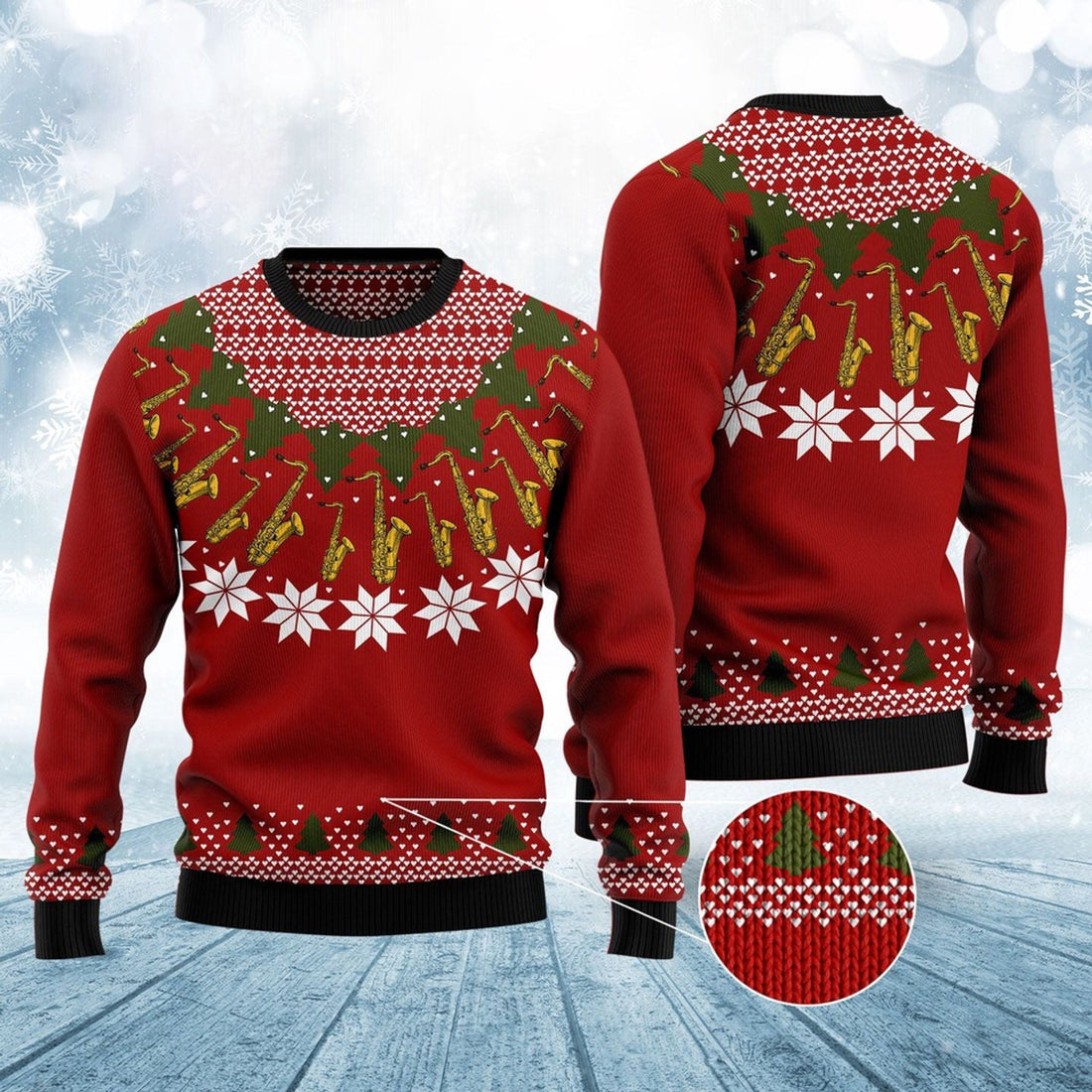 FUNSTUFFPRINT Saxophone Pattern Ugly Christmas Sweater, Christmas Sweater, Ugly Sweater, Funny Xmas Sweaters Ugly Sweater