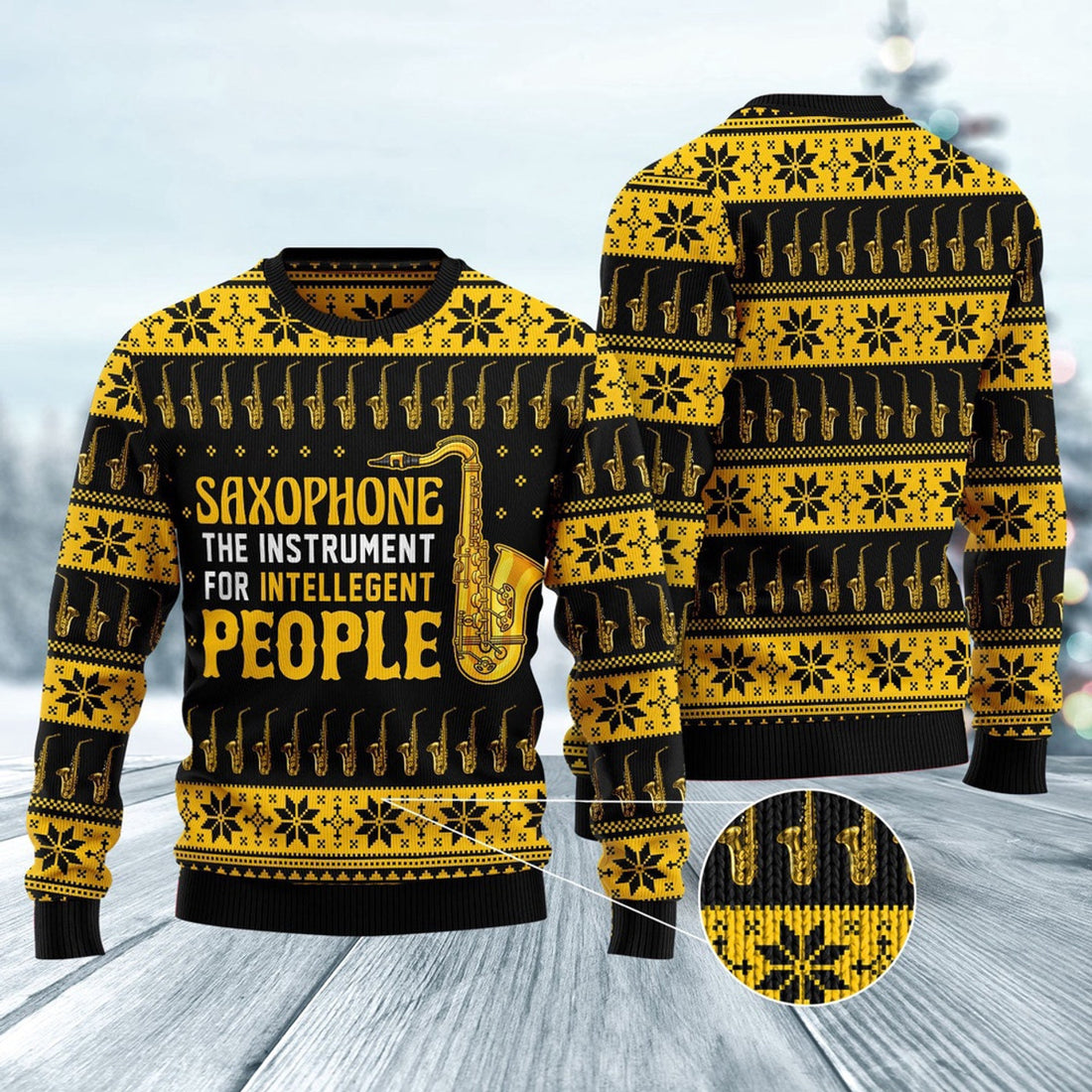FUNSTUFFPRINT Saxophone The Instrument For Intellegent People Ugly Christmas Sweater, Christmas Sweater, Ugly Sweater, Funny Xmas Sweaters Ugly Sweater