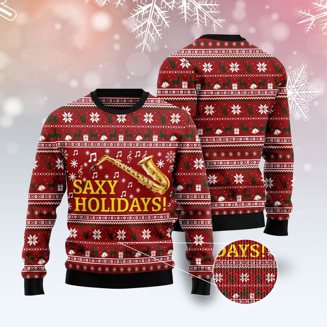 FUNSTUFFPRINT Saxy Holidays Saxophone Ugly Christmas Sweater, Christmas Sweater, Ugly Sweater, Funny Xmas Sweaters Ugly Sweater