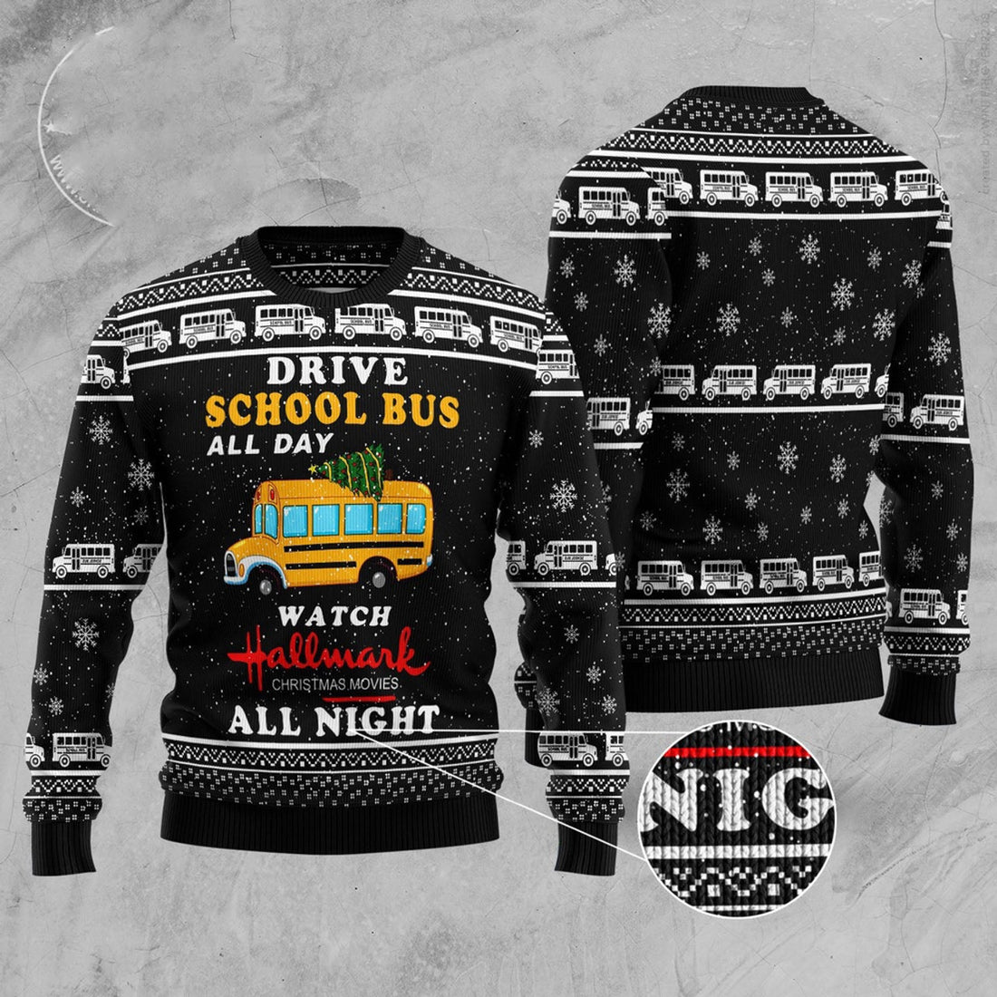 FUNSTUFFPRINT School Bus All Day Ugly Christmas Sweater, Christmas Sweater, Ugly Sweater, Funny Xmas Sweaters Ugly Sweater