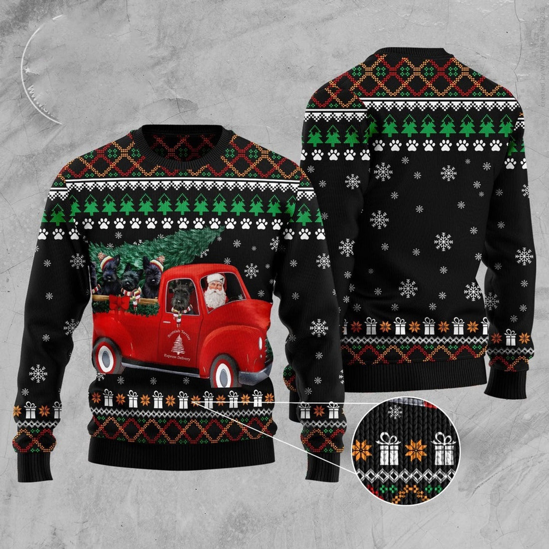 FUNSTUFFPRINT Scottish Terrier And Red Truck Ugly Christmas Sweater, Christmas Sweater, Ugly Sweater, Funny Xmas Sweaters Ugly Sweater
