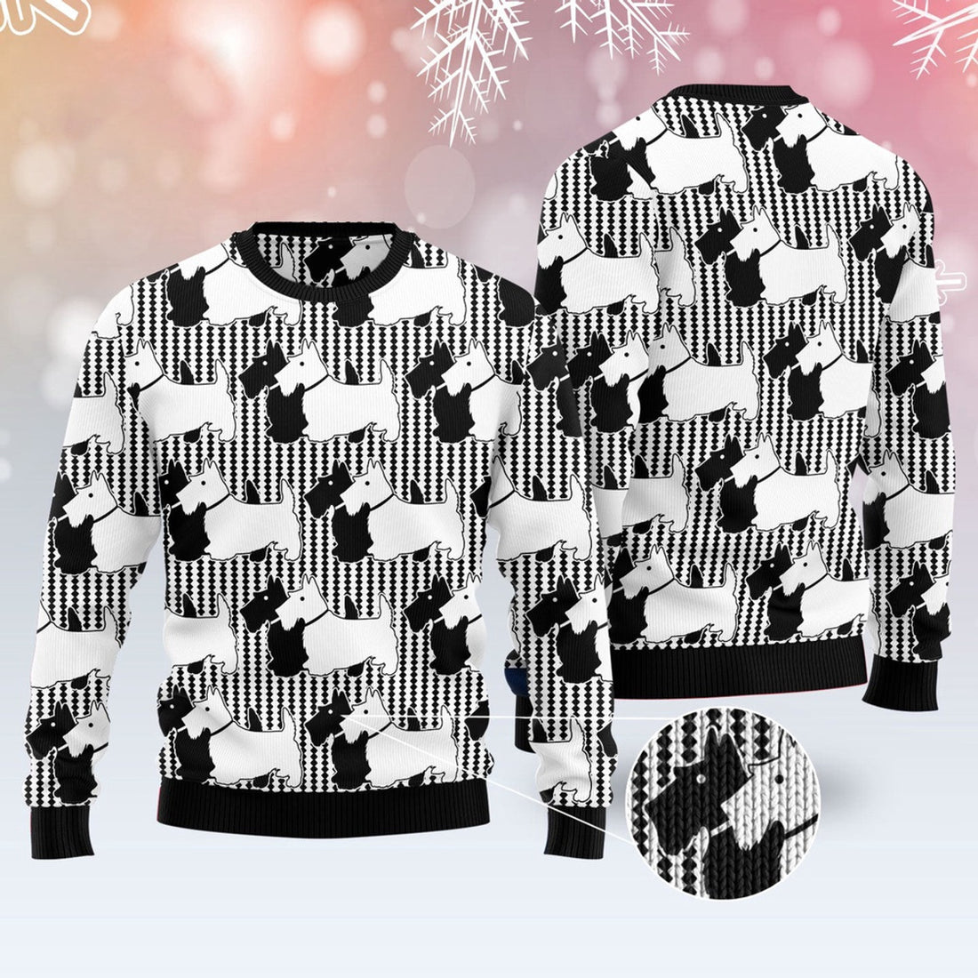 FUNSTUFFPRINT Scottish Terrier Black And White Ugly Christmas Sweater, Christmas Sweater, Ugly Sweater, Funny Xmas Sweaters Ugly Sweater