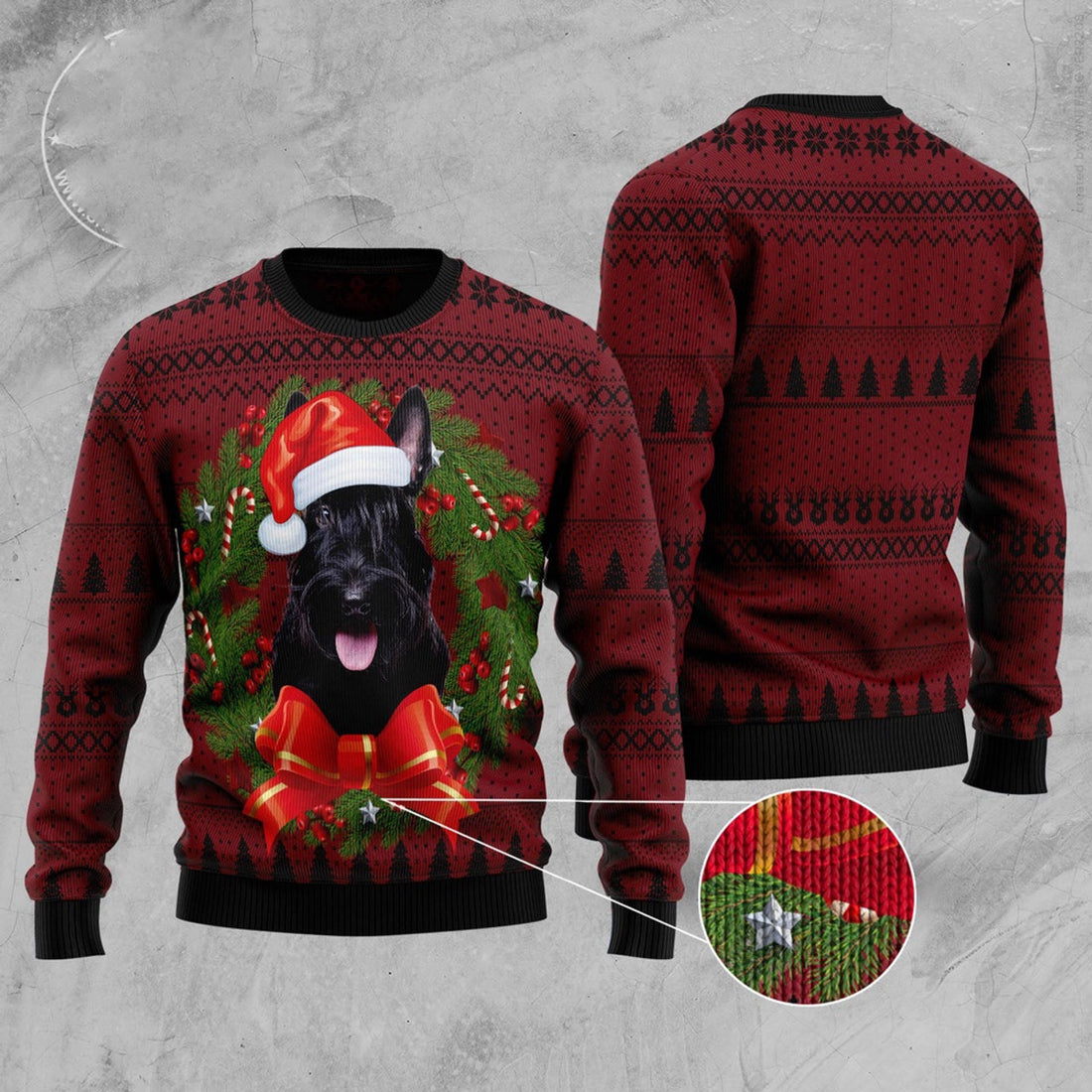 FUNSTUFFPRINT Scottish Terrier Wreath Ugly Christmas Sweater, Christmas Sweater, Ugly Sweater, Funny Xmas Sweaters Ugly Sweater