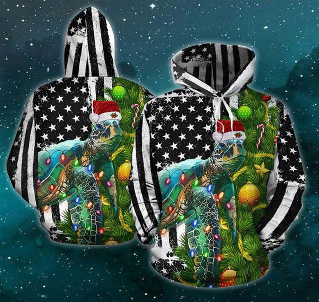 FUNSTUFFPRINT 3D Sea Turtles Us Flag Christmas All Over 3D Hoodie and Zip Hoodie