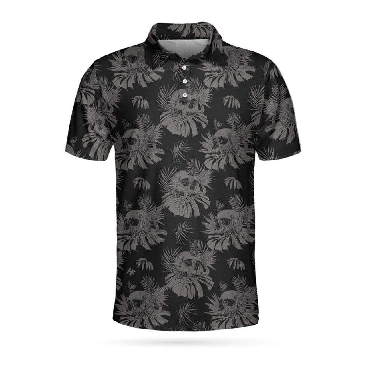 Seamless Skull Goth Polo Shirt, Black Floral Skull Pattern Polo Shirt, Best Gothic Shirt For Men