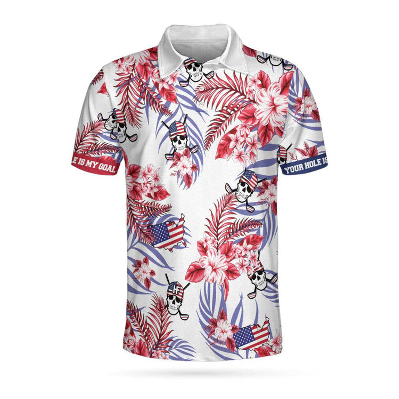 Seamless Tropical Pattern Golf Skull America V2 Polo Shirt, Texas Bluebonnet Golf Shirt For Men