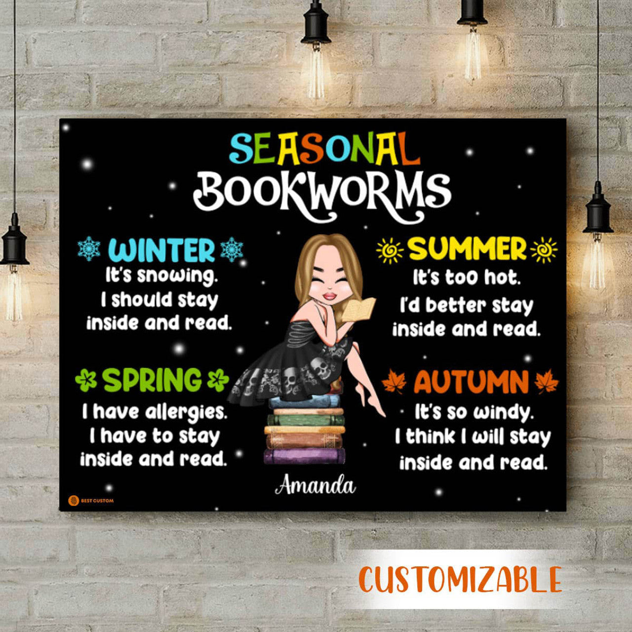 Custom Seasonal Bookworms, Winter Summer Spring Autumn, Book Lover Poster and Canvas