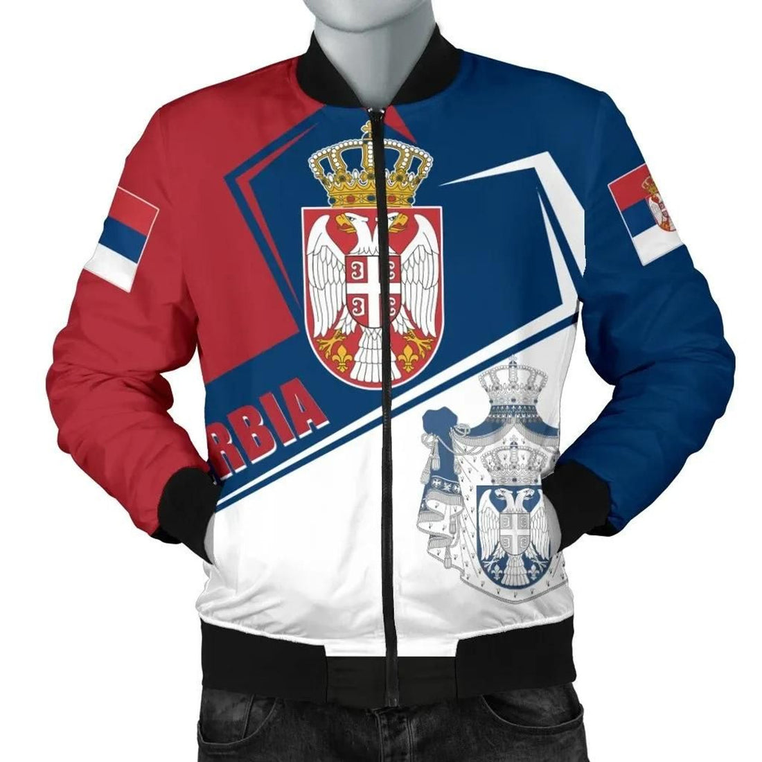 FUNSTUFFPRINT Serbia Men's Bomber Jacket - Coat Of Arms Flag Style - 3D Bomber Jacket