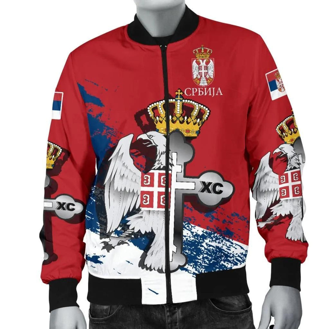 FUNSTUFFPRINT Serbia Men's Bomber Jacket - Serbian Eagle / Orthodox Cross 3D Bomber Jacket