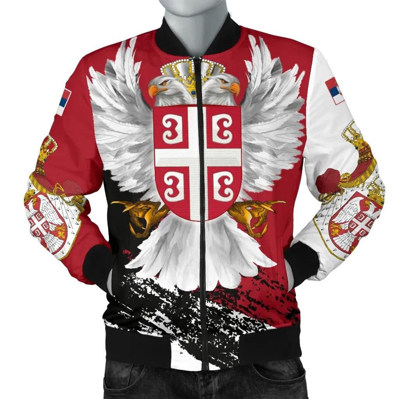 FUNSTUFFPRINT Serbia Men's Bomber Jacket - Serbian White Eagle 3D Bomber Jacket