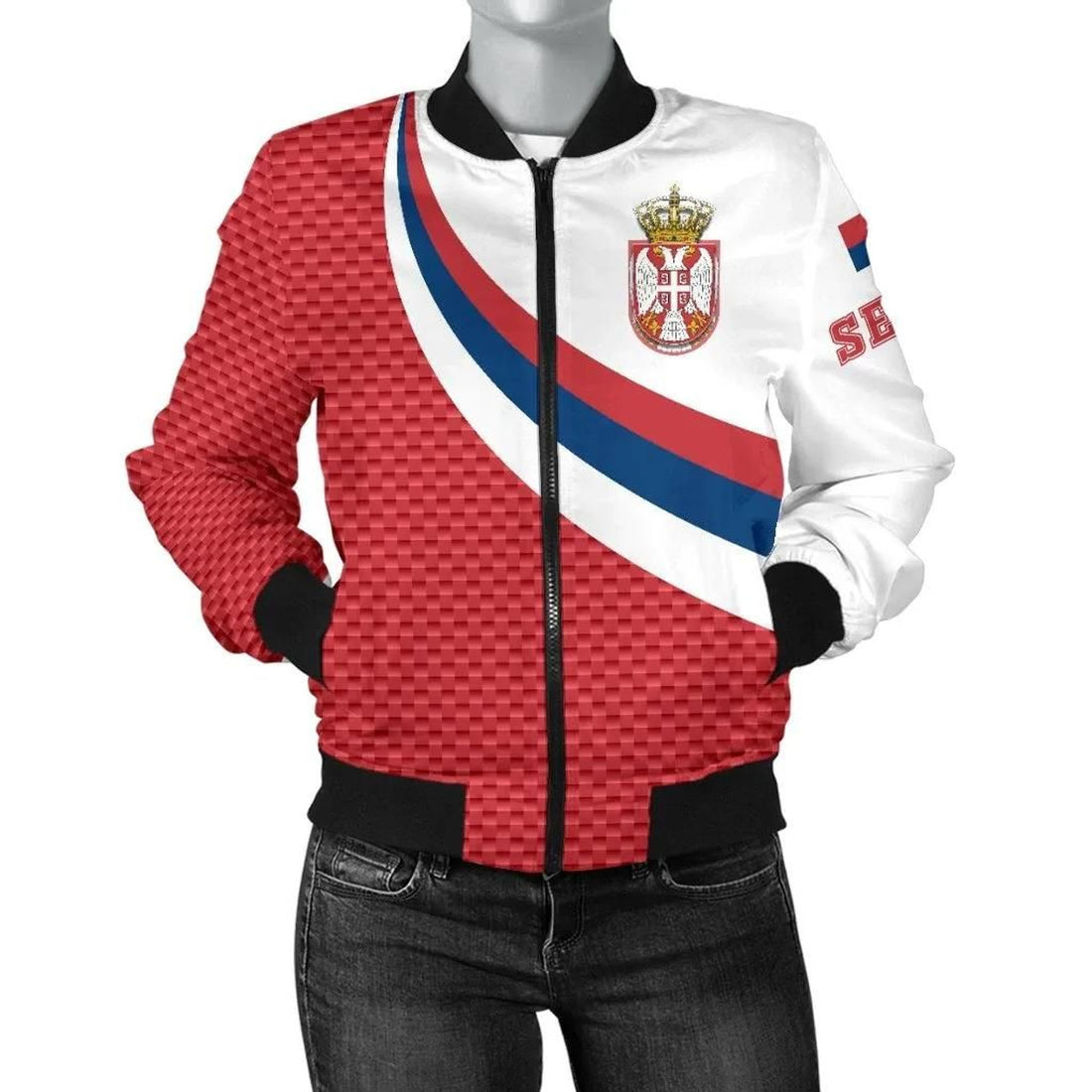 FUNSTUFFPRINT Serbia Women's Bomber Jacket - Serbia Flag (Red) - 3D Bomber Jacket