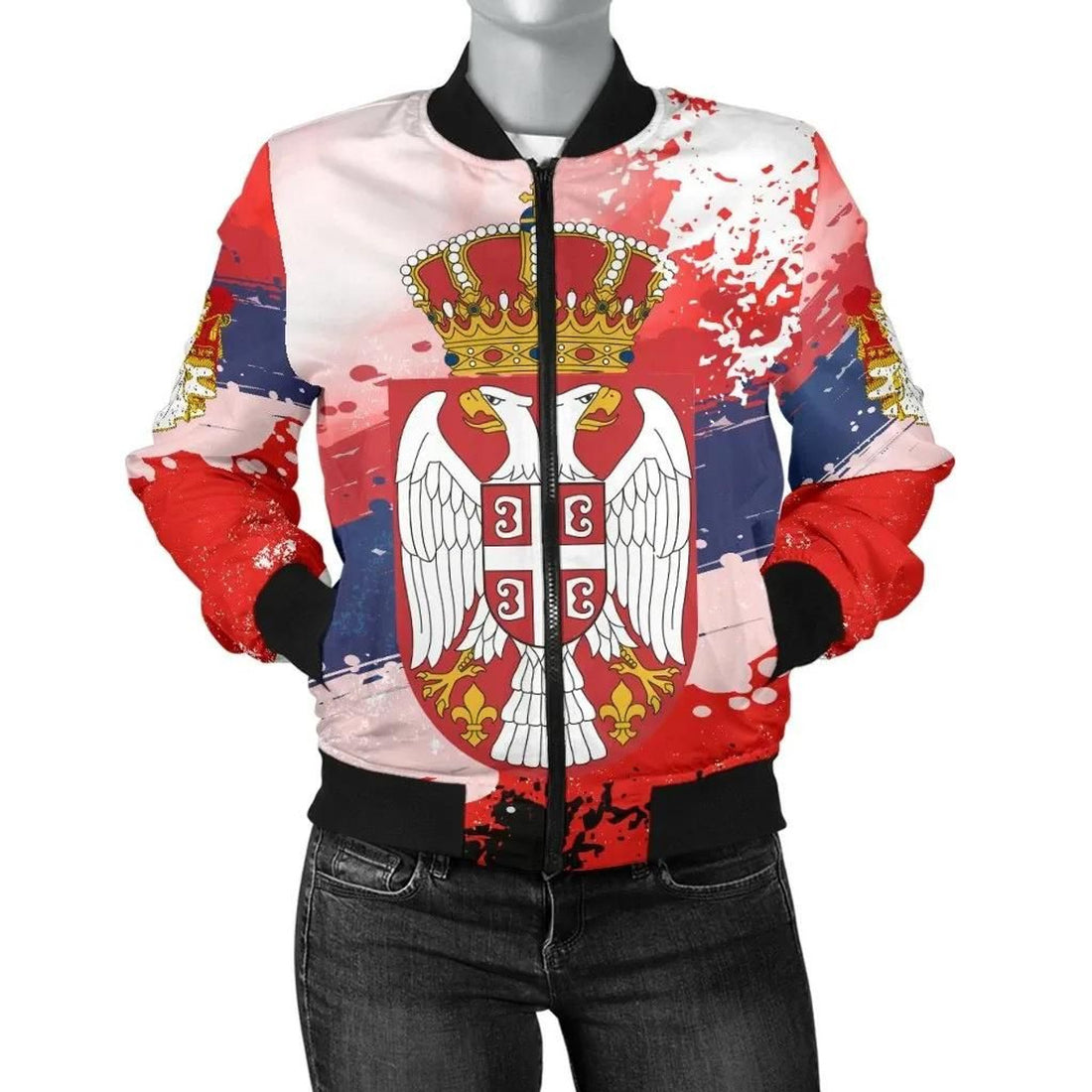 FUNSTUFFPRINT Serbia Women's Bomber Jacket - Serbia National Flag and Emblem 3D Bomber Jacket