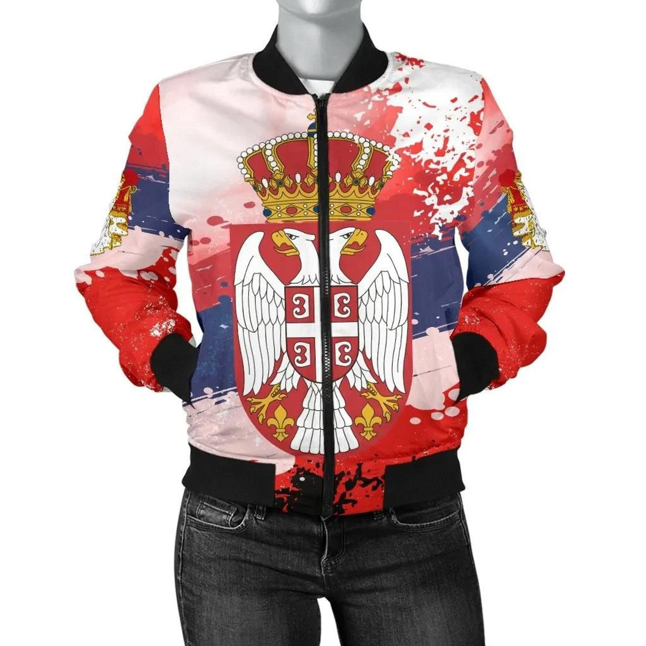 FUNSTUFFPRINT Serbia Women's Bomber Jacket - Serbia National Flag and Emblem 3D Bomber Jacket