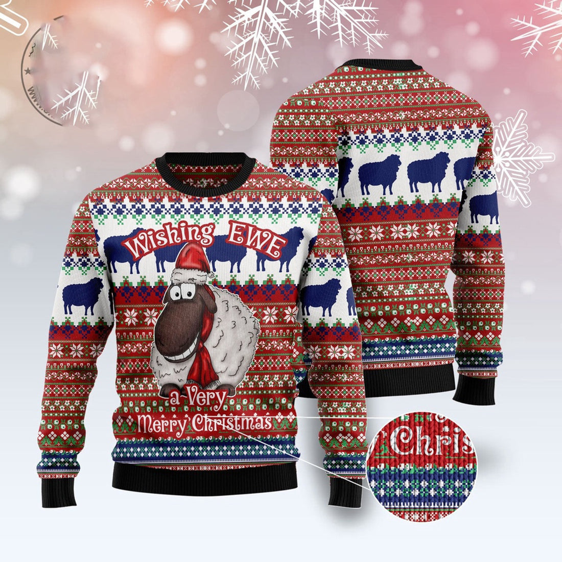 FUNSTUFFPRINT Sheep Wishing Ewe Ugly Christmas Sweater, Christmas Sweater, Ugly Sweater, Funny Xmas Sweaters Ugly Sweater