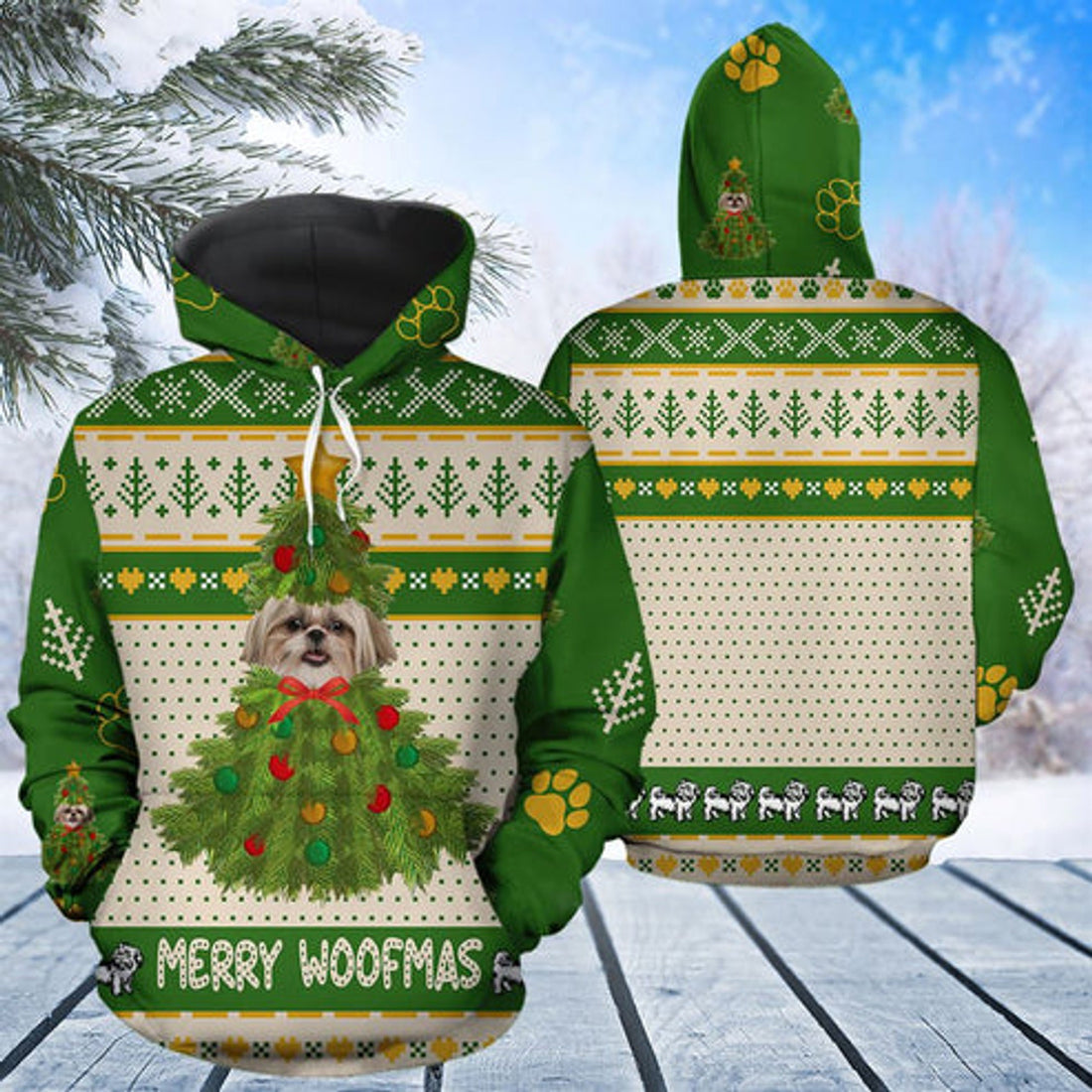 FUNSTUFFPRINT 3D Shih Tzu Merry Woofmas All Over 3D Hoodie and Zip Hoodie