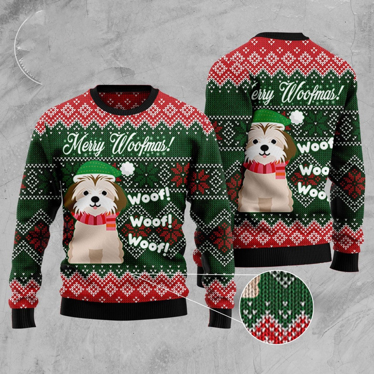 FUNSTUFFPRINT Shih Tzu Woofmas Ugly Christmas Sweater, Christmas Sweater, Ugly Sweater, Funny Xmas Sweaters Ugly Sweater