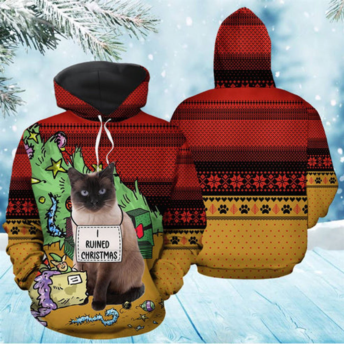 FUNSTUFFPRINT 3D Siamese Cat Ruined Christmas All Over 3D Hoodie and Zip Hoodie