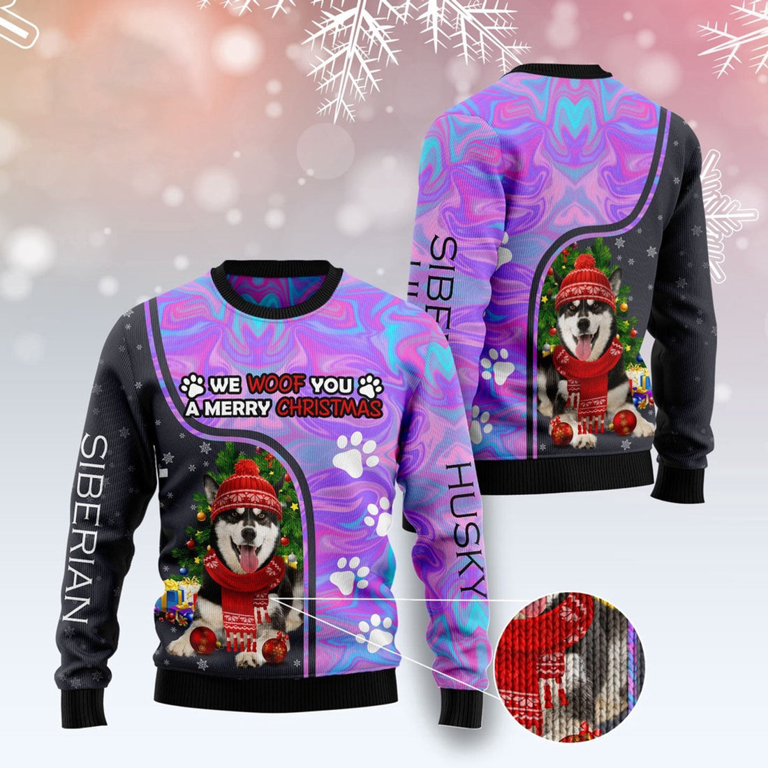 FUNSTUFFPRINT Siberian Husky Hologram Color Ugly Christmas Sweater, Dog Ugly Christmas Sweater, Ugly Dog Sweaters Ugly  Sweater