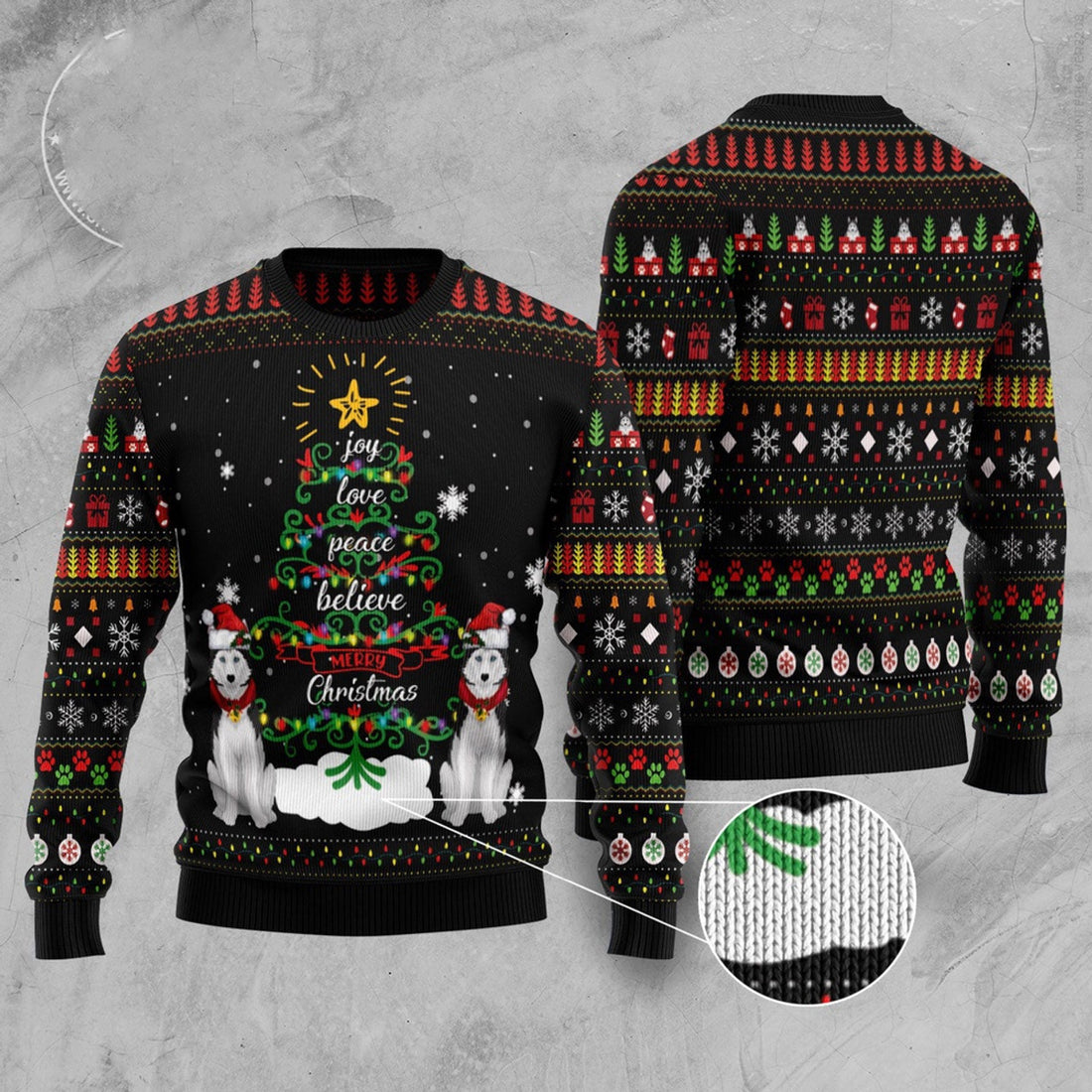 FUNSTUFFPRINT Siberian Husky Joy Love Peace Believe Merry Christmas Ugly Christmas Sweater, Dog Ugly Christmas Sweater, Ugly Dog Sweaters Ugly  Sweater