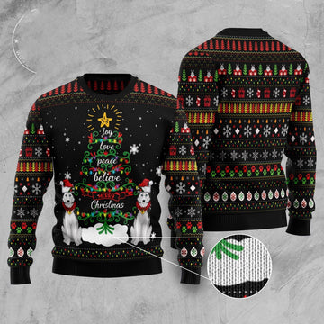 FUNSTUFFPRINT Siberian Husky Joy Love Peace Believe Merry Christmas Ugly Christmas Sweater, Dog Ugly Christmas Sweater, Ugly Dog Sweaters Ugly  Sweater