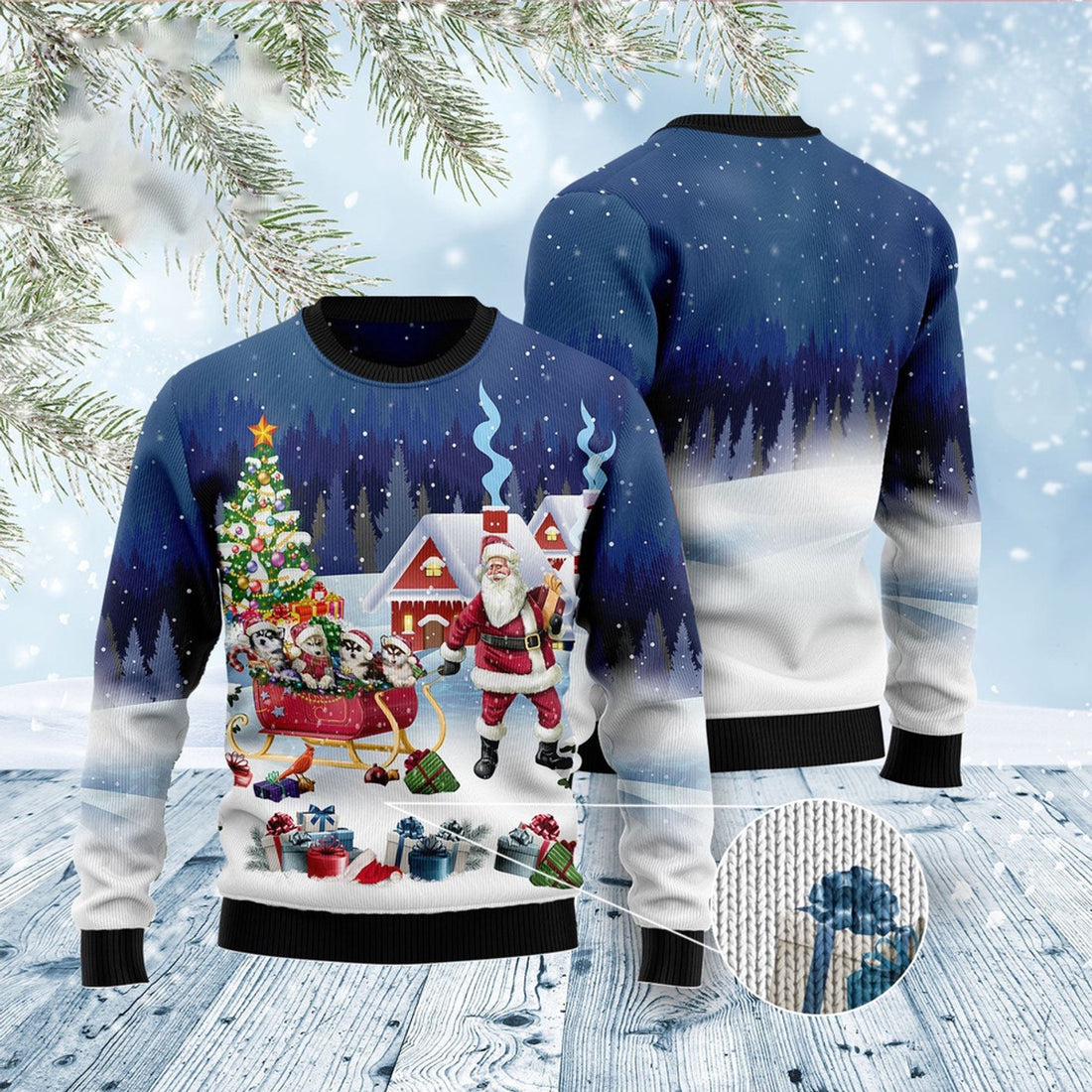 FUNSTUFFPRINT Siberian Husky Santa Sled Ugly Christmas Sweater, Dog Ugly Christmas Sweater, Ugly Dog Sweaters Ugly  Sweater